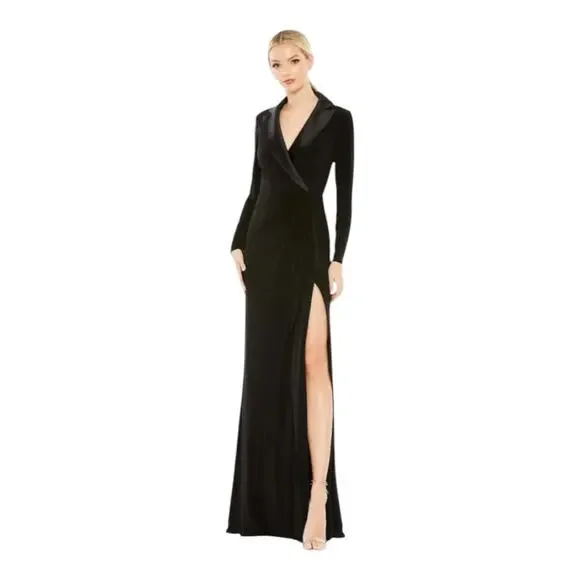 Mac Duggal Black Faux Tuxedo Long Sleeve Formal Gown Size 6 NWT - Picture 2 of 12